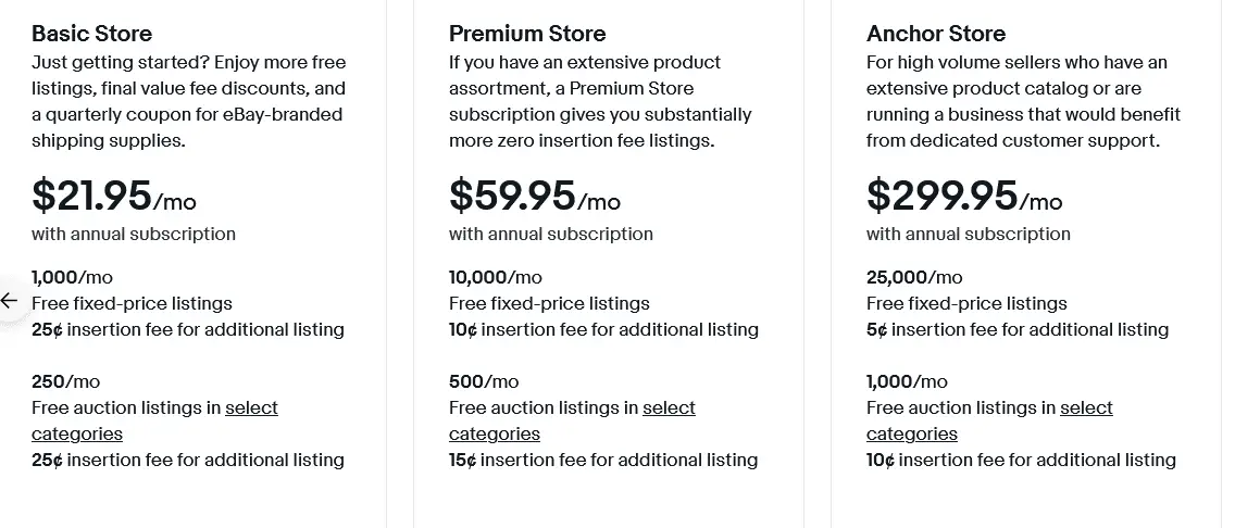 Ebay subscription fees