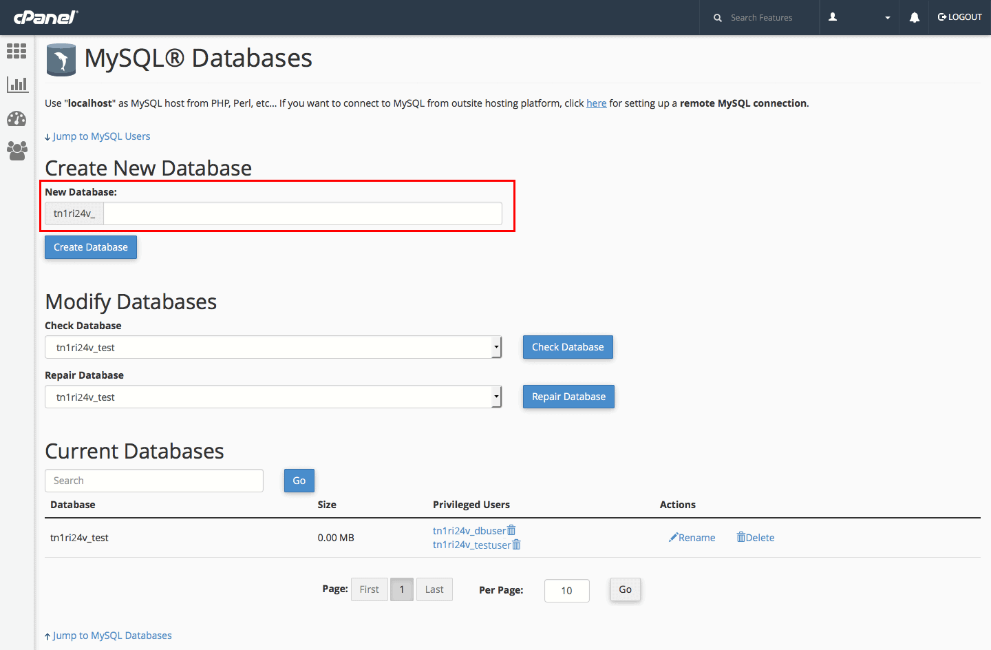 create database in hosting panel
