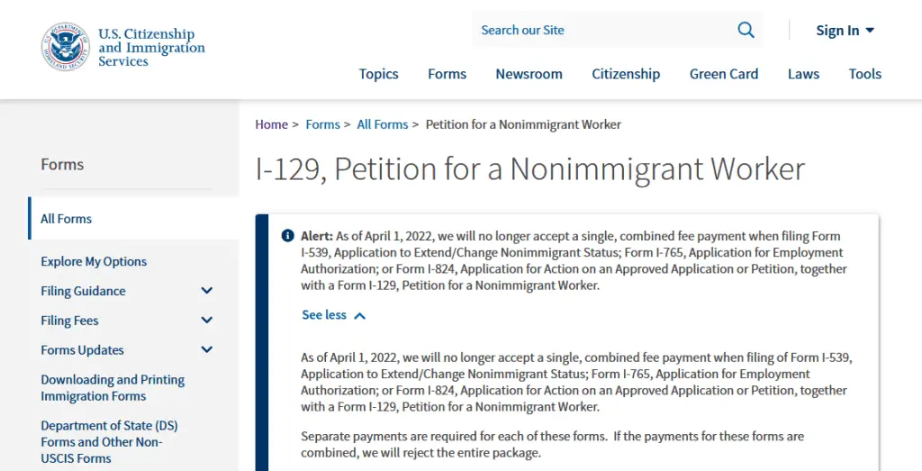 I-129 form from USCIS website page screenshot