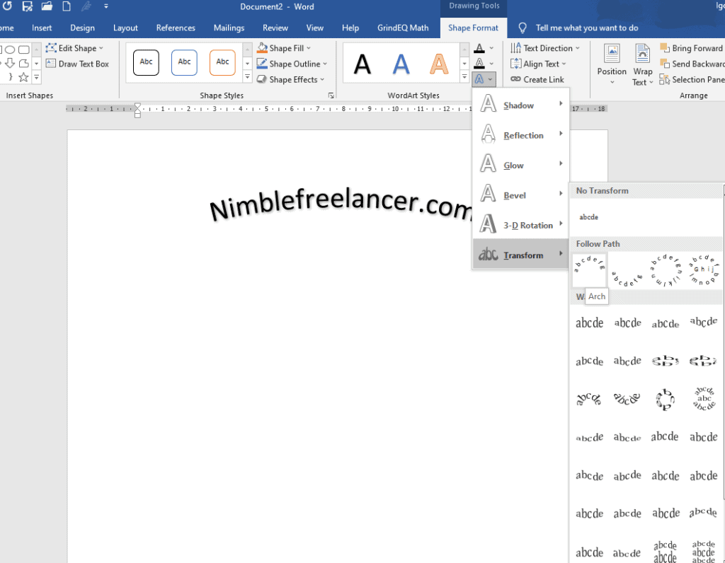 add curve text in MS word
