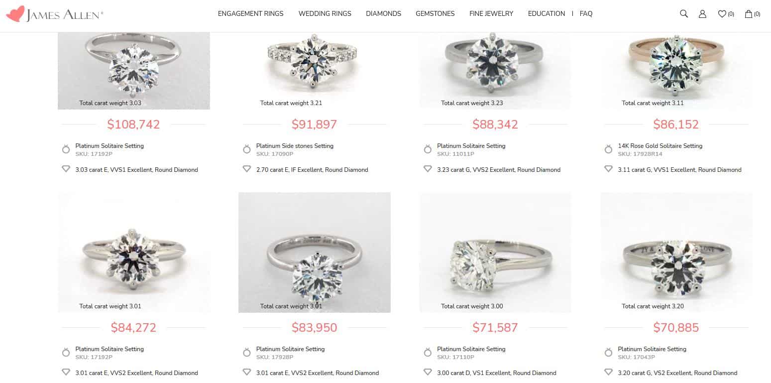 Expensive 3-carat diamond rings at James allen