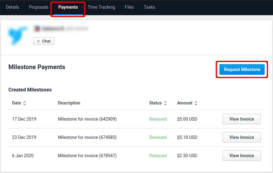 Milestone payments example from freelancer website