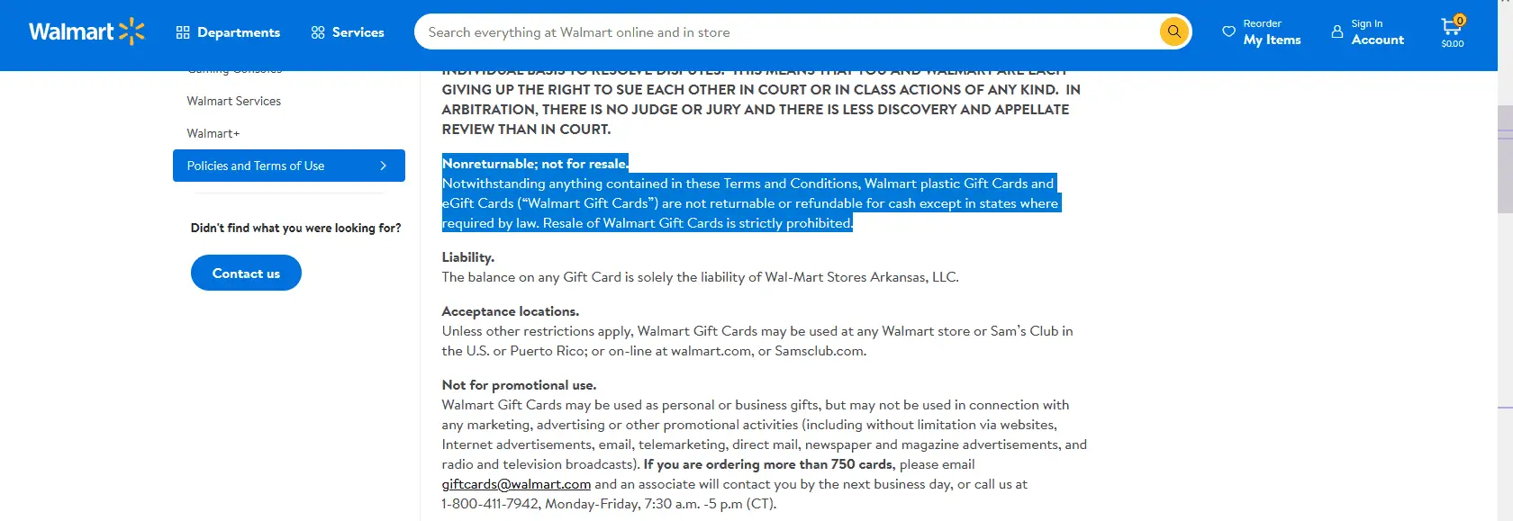 walmart policy about buy other gift cards