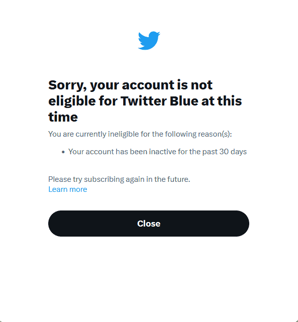 Sorry your account is not eligible for Twitter Blue at this time screenshot from ym account