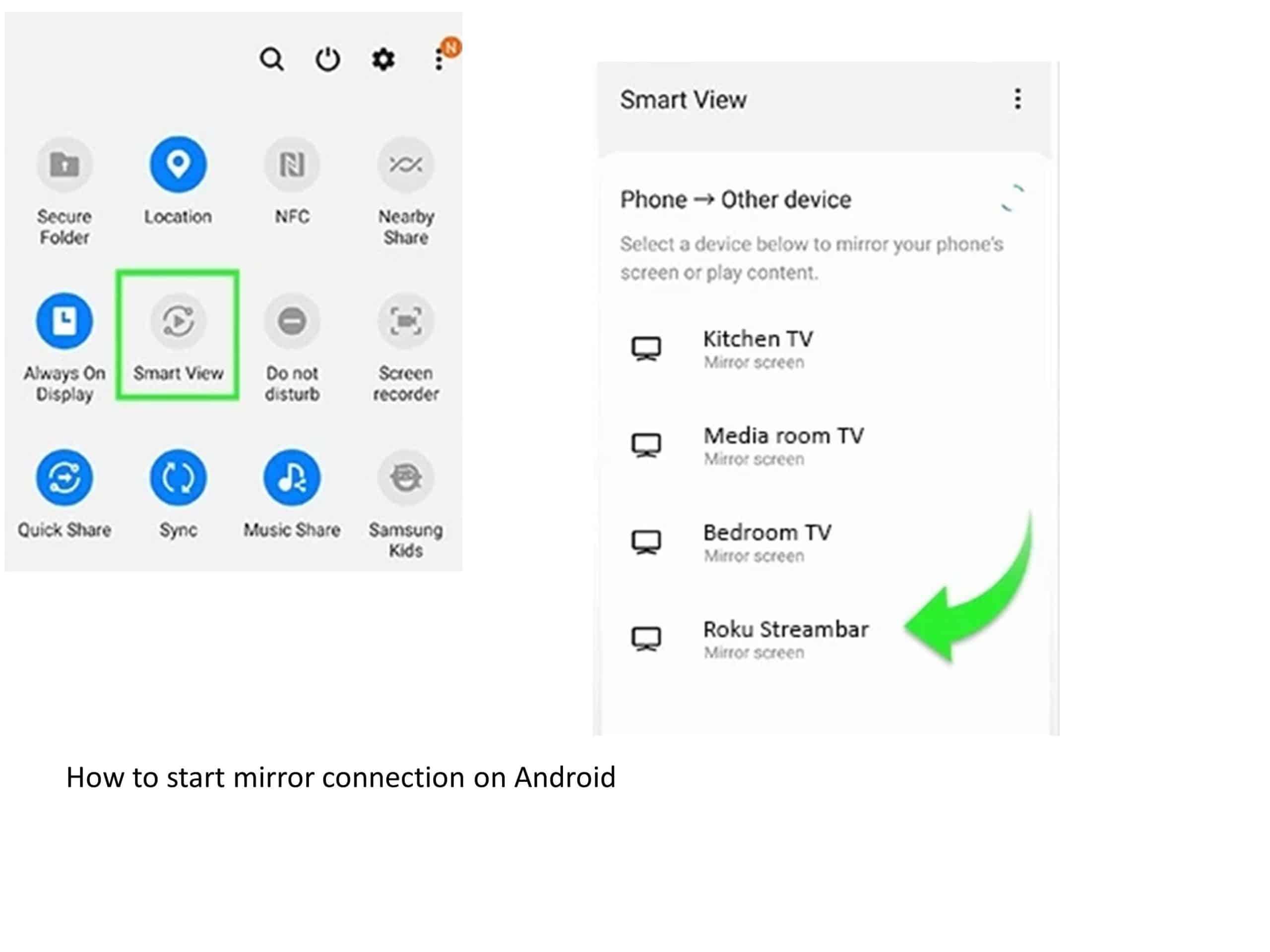 how to start mirror connection on android to Roku TV